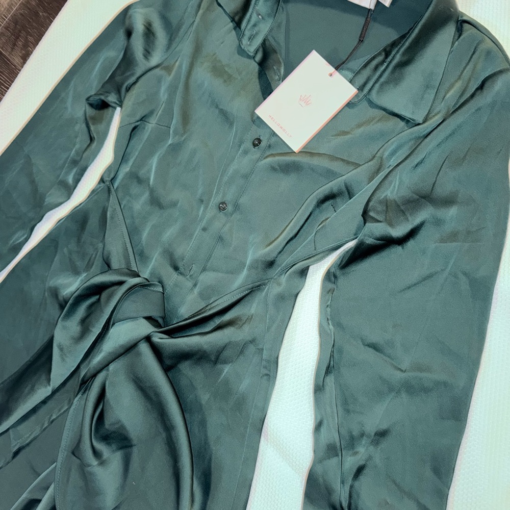 Hello Molly Forest Green Satin Shirt Dress - Picture 2 of 8
